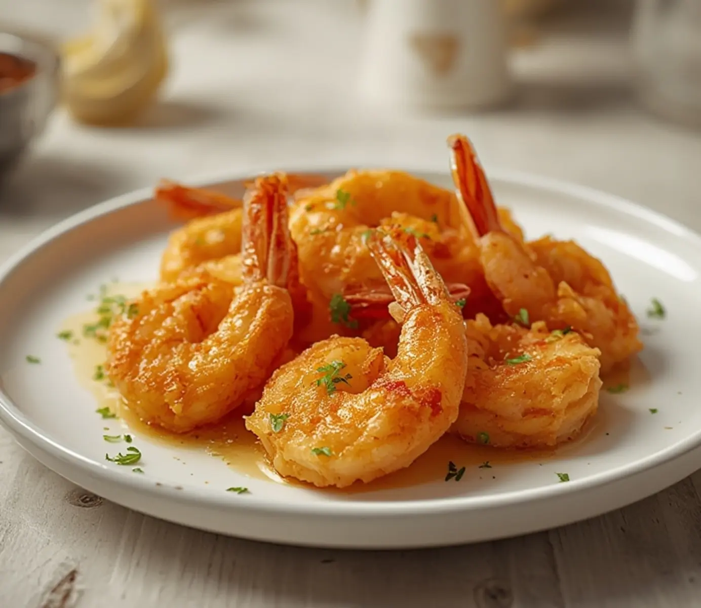 air fryer shrimp tempura: Golden crispy air fryer shrimp tempura with delicate batter coating and pink interior showing.