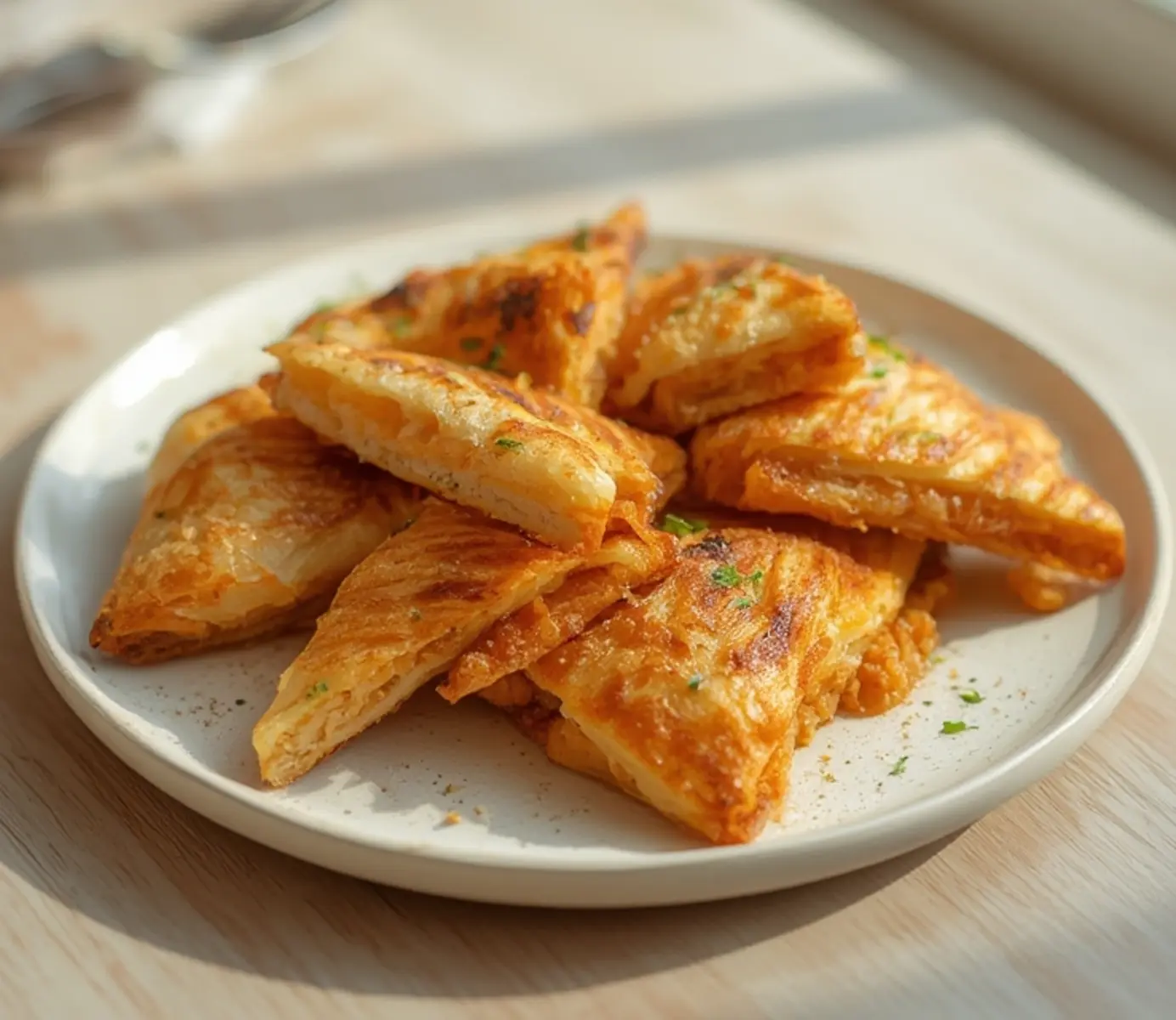 air fryer shrimp toast: Golden air fryer shrimp toast triangles with crispy edges and glistening shrimp topping on a plate.