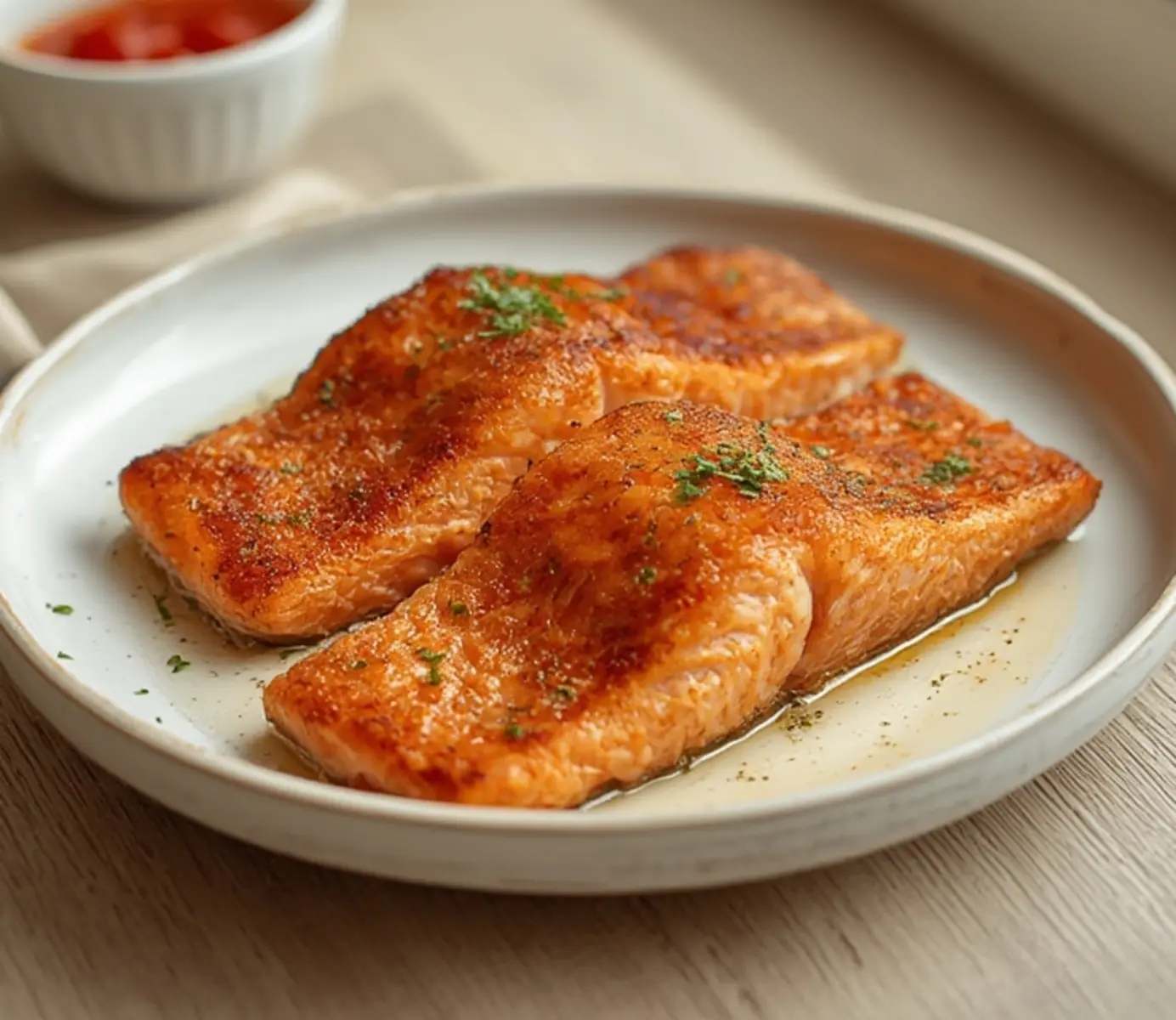 air fryer smoked salmon: Close-up of juicy air fryer smoked salmon fillets with a golden crust and pink flaky interior on a light surface.
