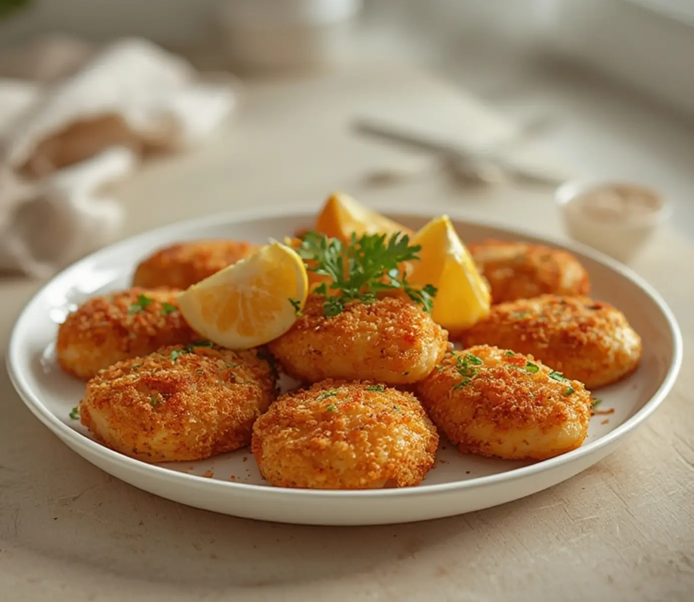 air fryer soft shell crab: Golden crispy air fryer soft shell crab on a plate with lemon wedge.