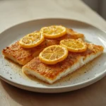 air fryer sole fish lemon: Crispy golden air fryer sole fish topped with fresh lemon slices on a plate.