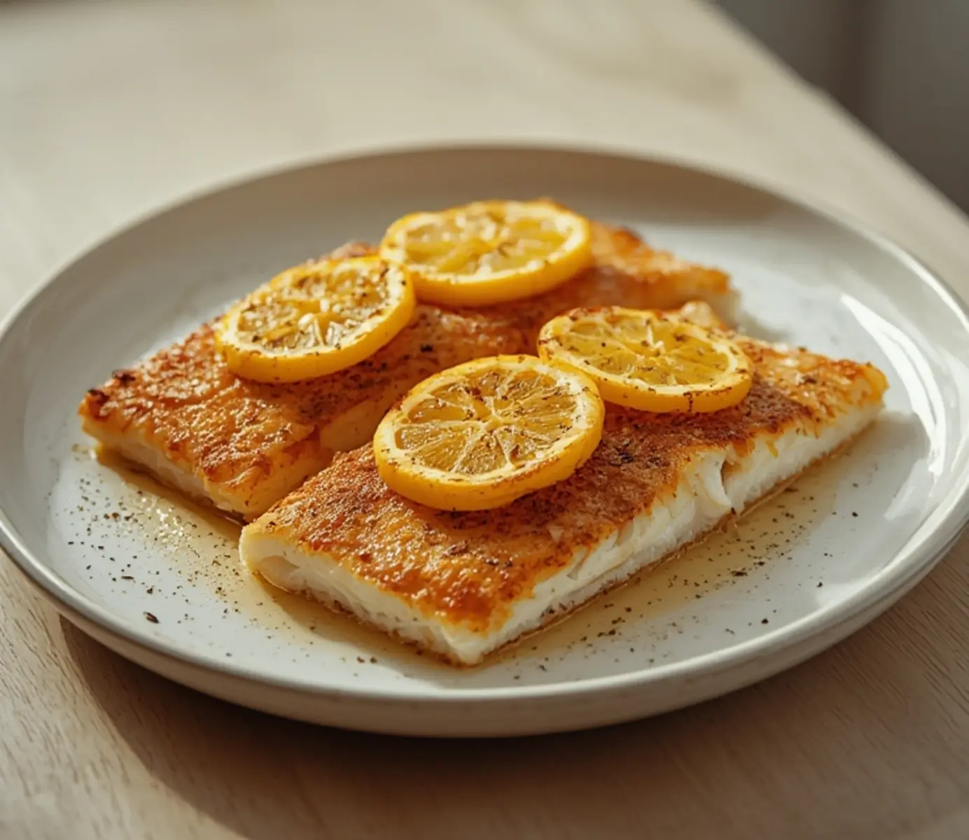 air fryer sole fish lemon: Crispy golden air fryer sole fish topped with fresh lemon slices on a plate.