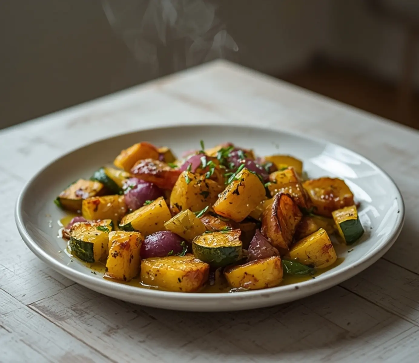 air fryer squash medley: Golden air fryer squash medley with zucchini, yellow squash, and red onion on a rustic plate.
