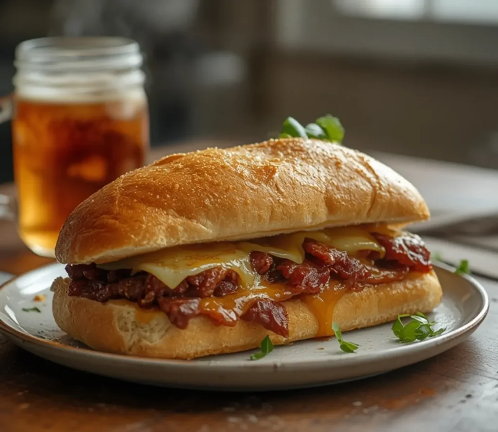 air fryer steak sandwich: Juicy air fryer steak sandwich with melted cheese on a crusty roll, featuring golden caramelized edges.