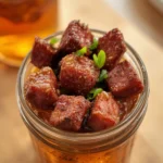 air fryer steak tips marinaded: Air fryer steak tips marinaded with a perfectly seared exterior and juicy interior, garnished with fresh parsley.