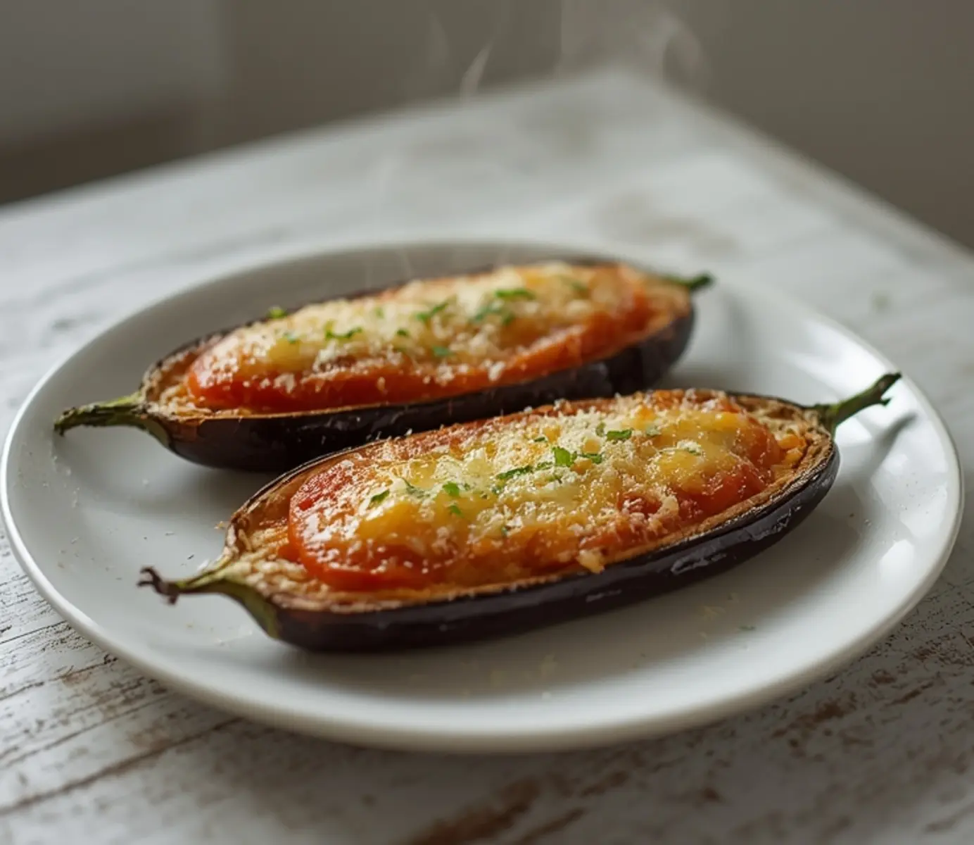 air fryer stuffed eggplant: Air fryer stuffed eggplant with melted mozzarella and golden parmesan crust, resting in an air fryer basket