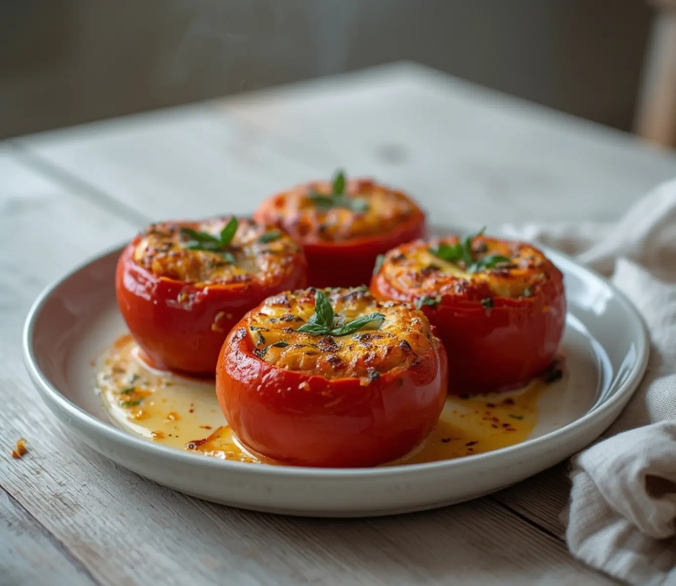 air fryer stuffed tomatoes: Golden-topped air fryer stuffed tomatoes with melted cheese and fresh basil on a rustic plate.