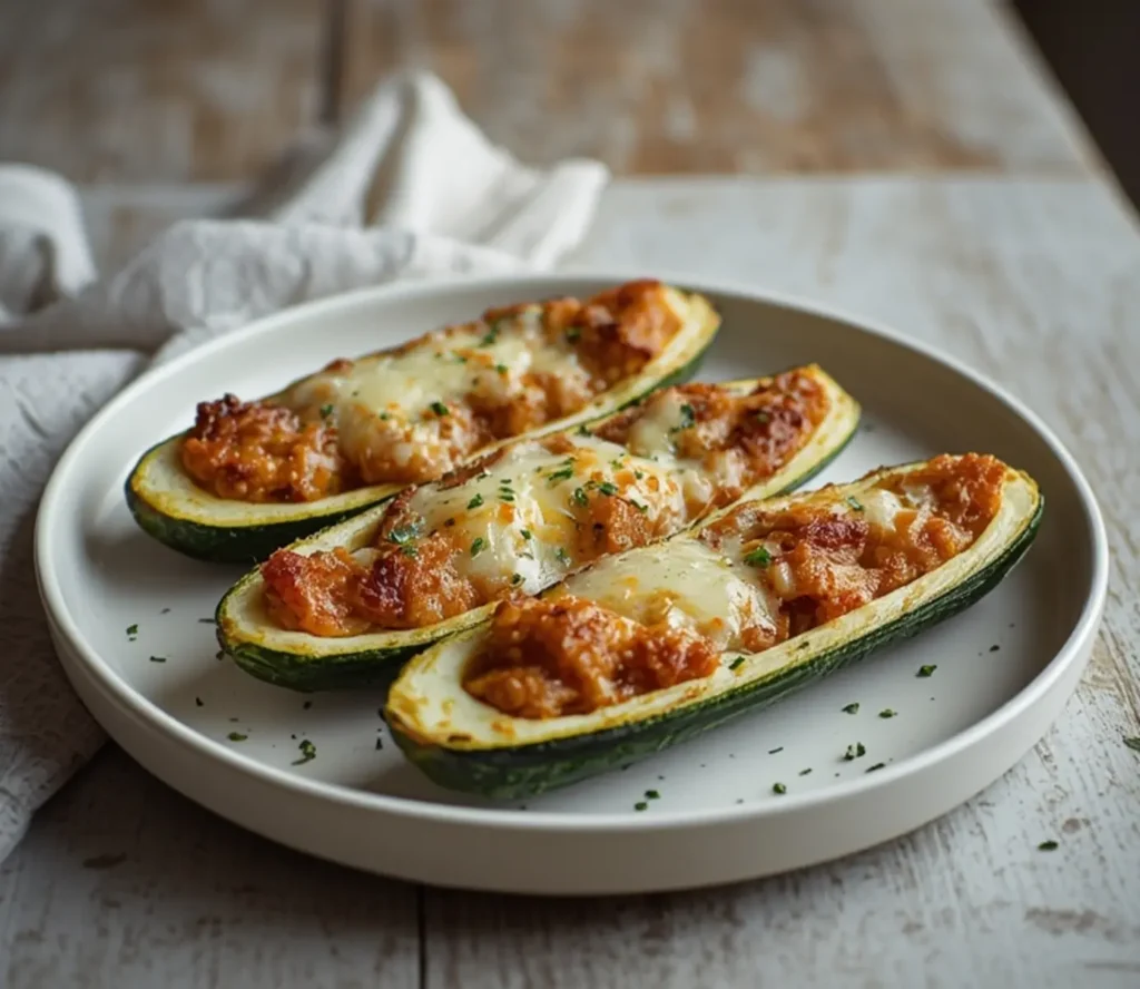 air fryer stuffed zucchini: Golden air fryer stuffed zucchini boats with melted cheese and savory filling.