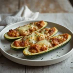 air fryer stuffed zucchini: Golden air fryer stuffed zucchini boats with melted cheese and savory filling.
