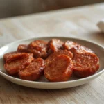 air fryer summer sausage slices: Crispy golden air fryer summer sausage slices with caramelized edges on a plate.