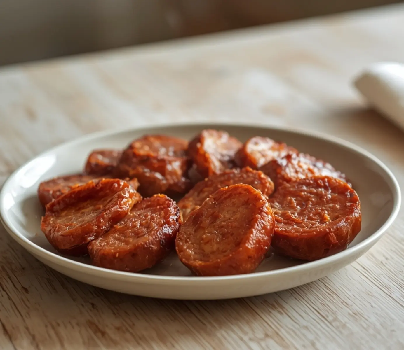 air fryer summer sausage slices: Crispy golden air fryer summer sausage slices with caramelized edges on a plate.