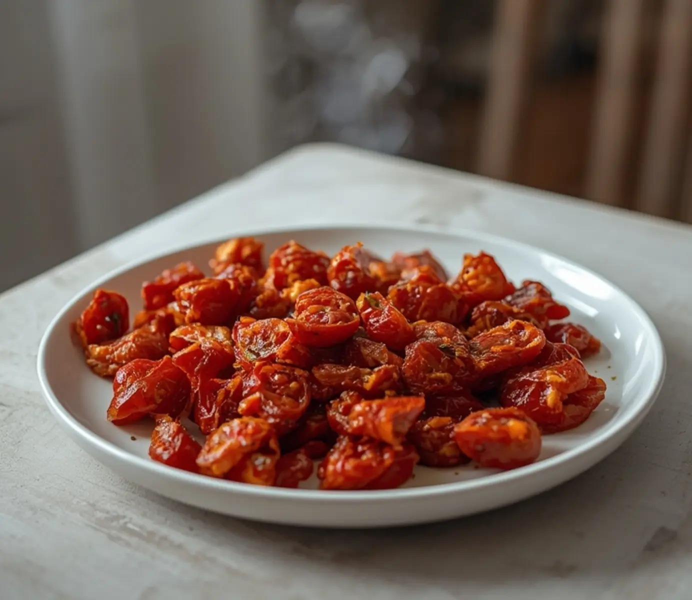air fryer sun dried tomatoes: Crispy air fryer sun dried tomatoes with golden edges in a white bowl