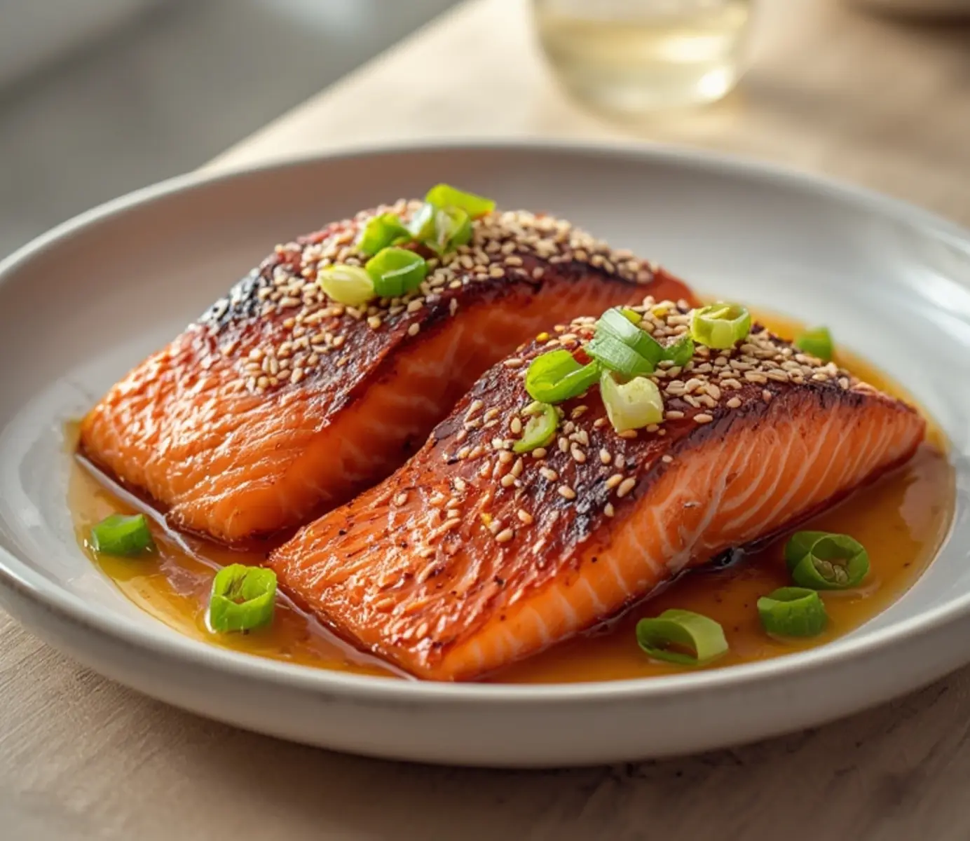 air fryer teriyaki salmon: Close up of glazed air fryer teriyaki salmon with crispy skin and sesame seeds.