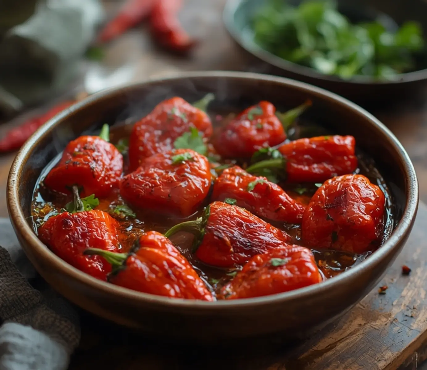 air fryer thai chili peppers: Crispy air fryer Thai chili peppers with ruby-red skin and blistered texture, ready to serve as a spicy side dish.