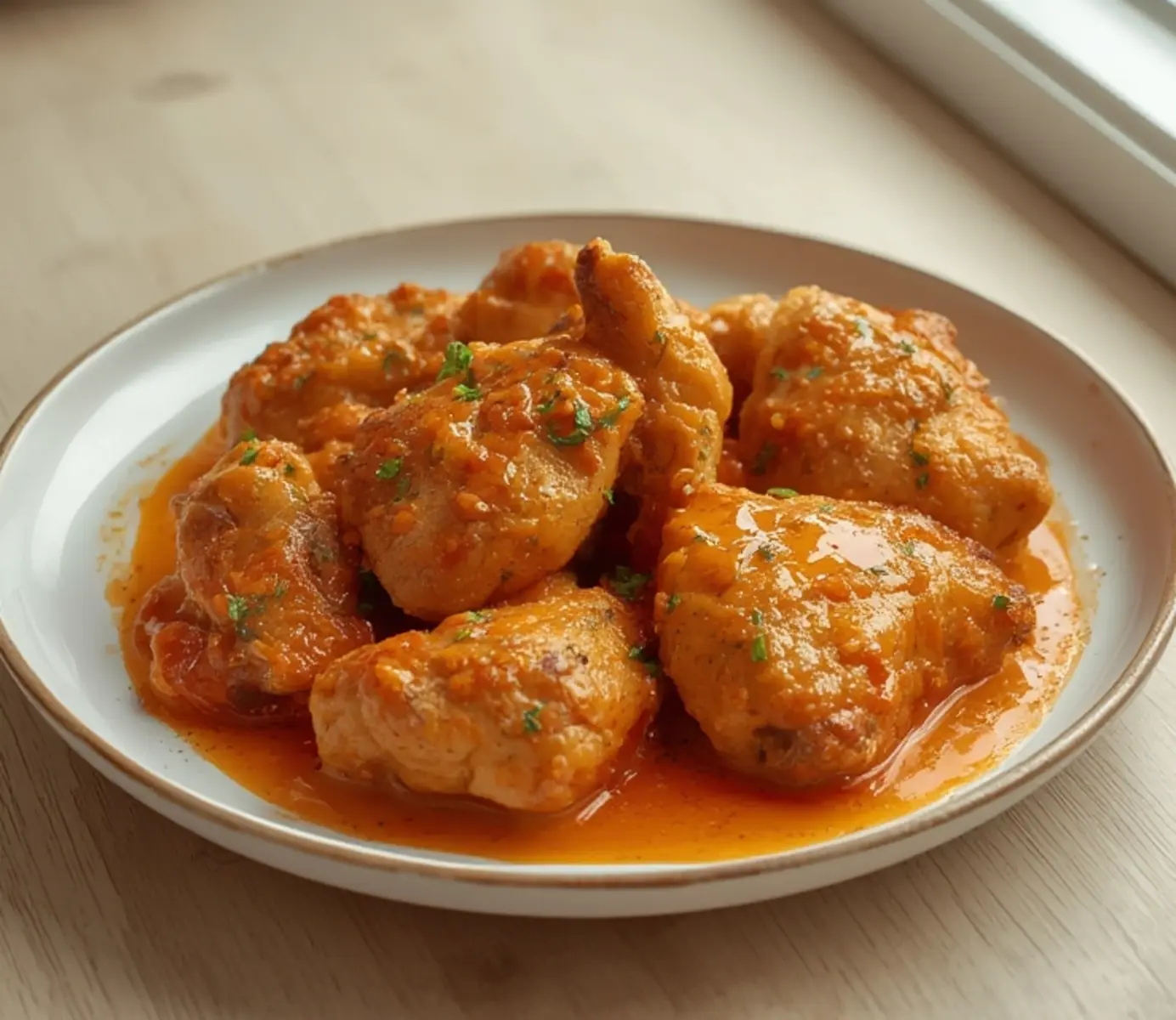 air fryer tikka masala chicken: Crispy golden chicken tikka masala pieces coated in rich creamy orange sauce in the air fryer.