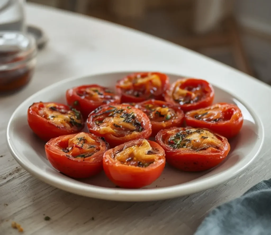 air fryer tomatoes roasted: Caramelized air fryer roasted tomatoes with crispy edges and ruby-red color on a white plate.