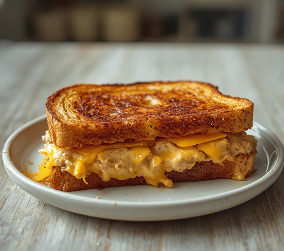 air fryer tuna melt sandwich: Golden crispy air fryer tuna melt sandwich with melted cheddar on toasted bread