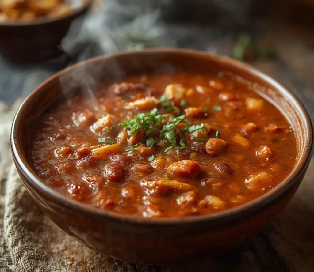 air fryer turkey chili healthy: Bubbling air fryer turkey chili in a dish, rich brown color with visible beans and ground turkey, glistening surface.