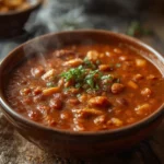 air fryer turkey chili healthy: Bubbling air fryer turkey chili in a dish, rich brown color with visible beans and ground turkey, glistening surface.