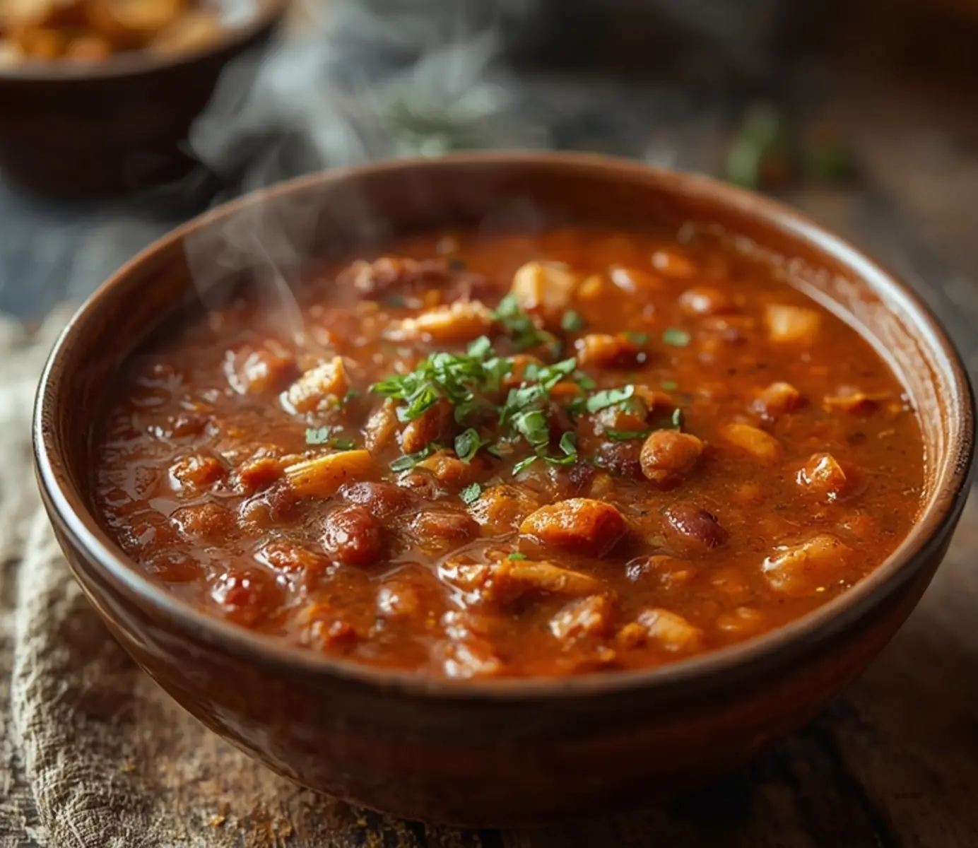 air fryer turkey chili healthy: Bubbling air fryer turkey chili in a dish, rich brown color with visible beans and ground turkey, glistening surface.