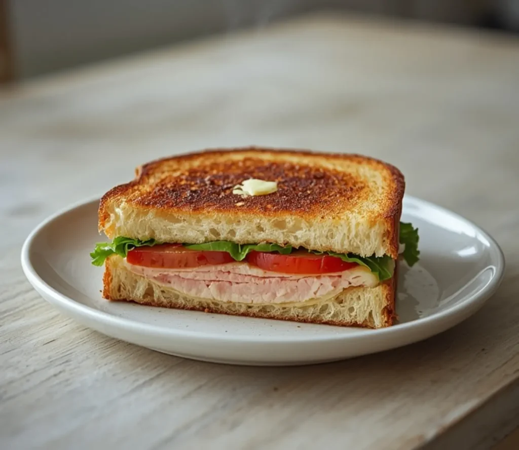air fryer turkey club sandwich: Golden crispy air fryer turkey club sandwich with layers of turkey, bacon, and fresh veggies on toasted bread.