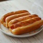 air fryer turkey hot dogs: Golden crispy air fryer turkey hot dogs in toasted buns with glistening surface.