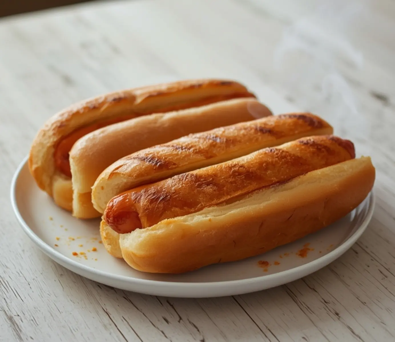 air fryer turkey hot dogs: Golden crispy air fryer turkey hot dogs in toasted buns with glistening surface.