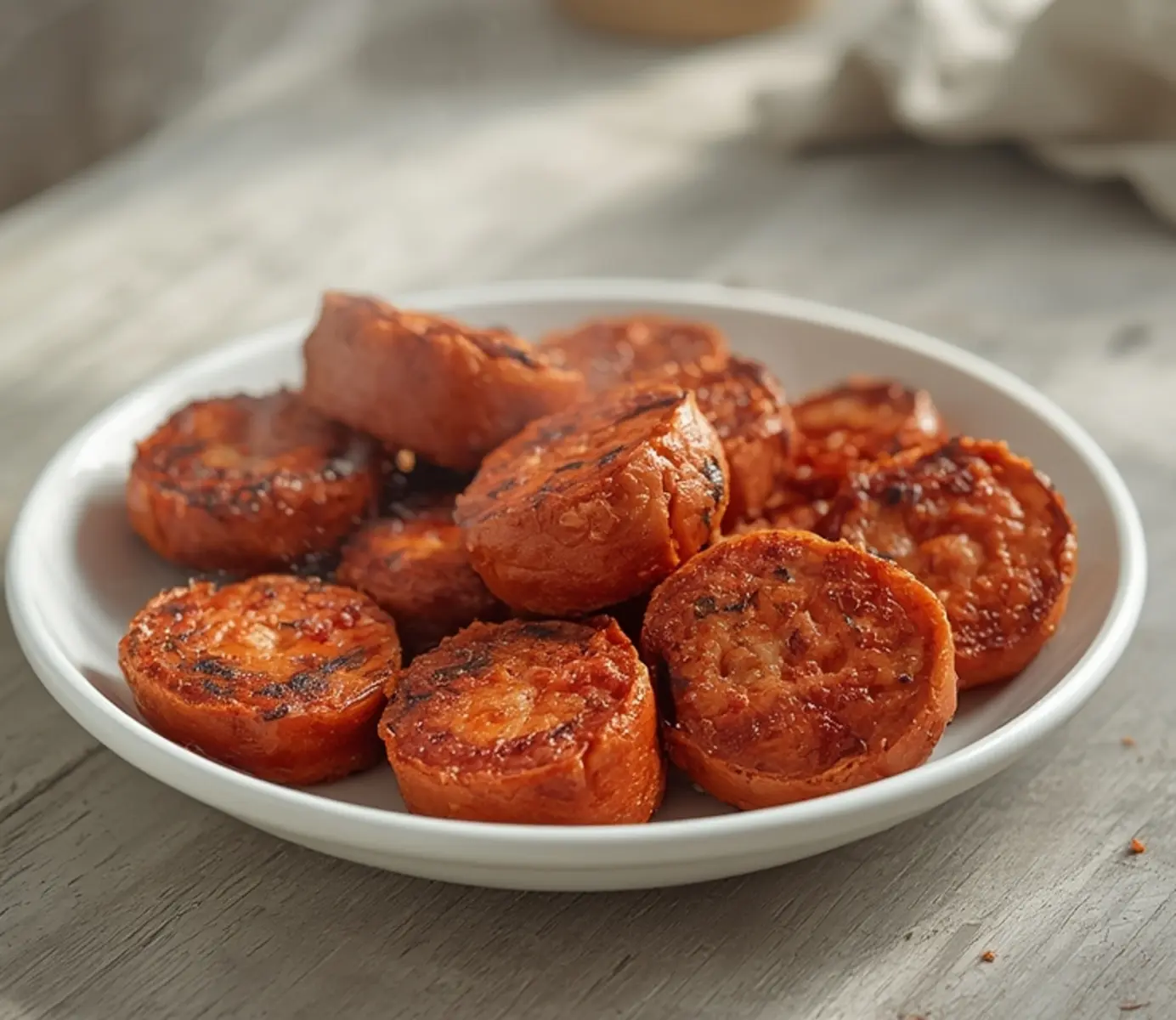 air fryer turkey kielbasa: Golden, crispy turkey kielbasa slices in an air fryer basket with smoky paprika seasoning.