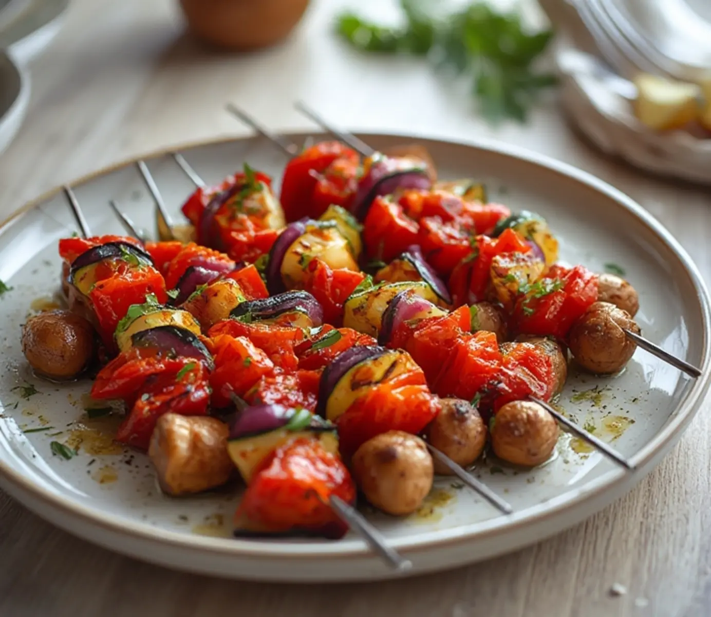 air fryer veggie kabobs: Golden brown air fryer veggie kabobs on a skewer with charred edges and bright colors.