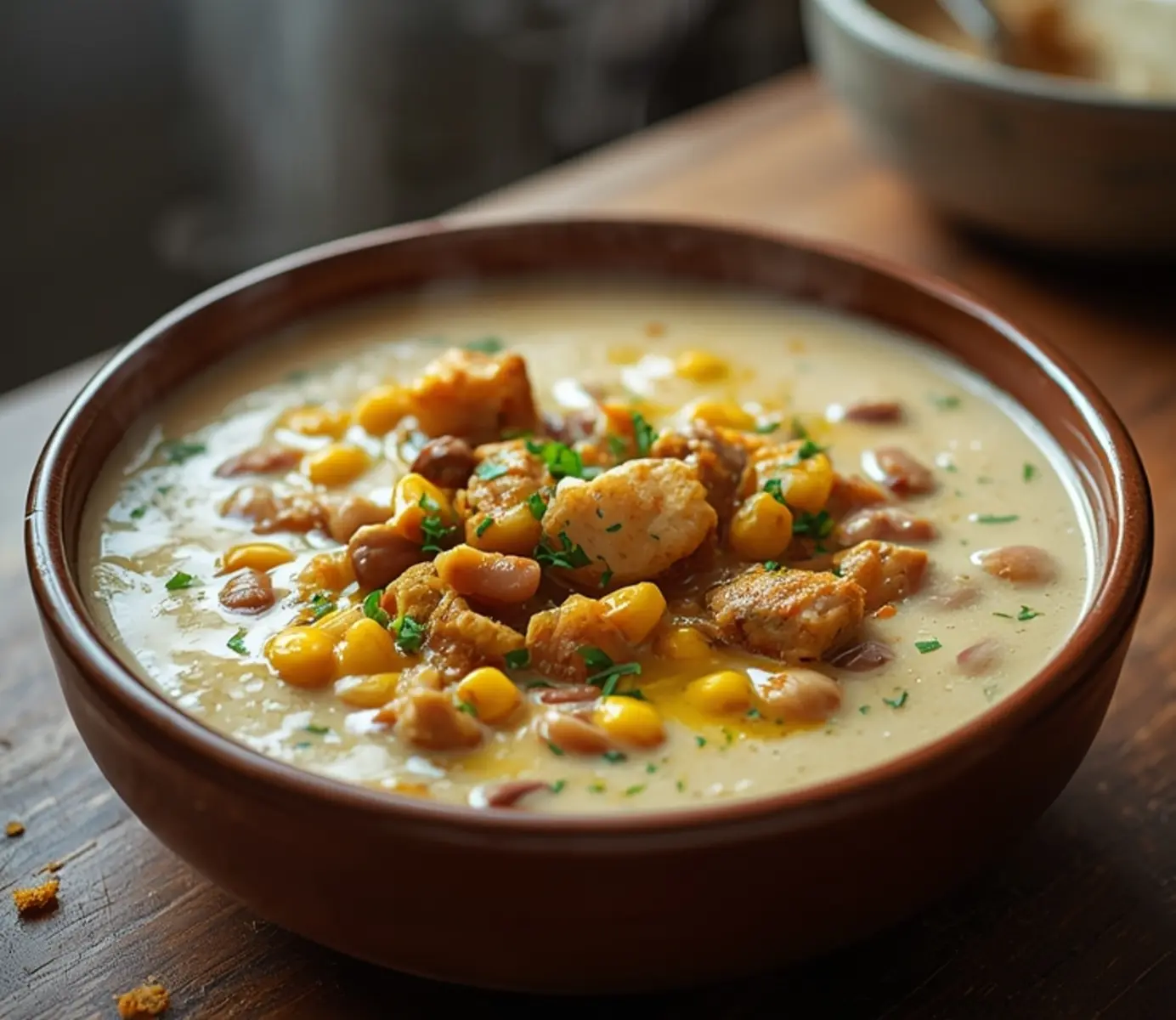 air fryer white chicken chili: Creamy air fryer white chicken chili with golden chicken and corn in a bowl.