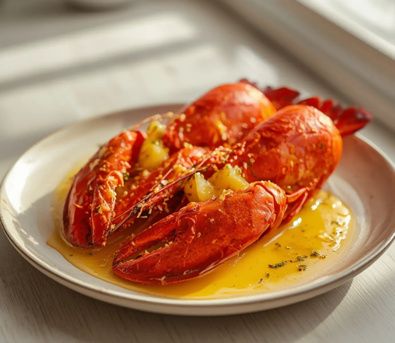 air fryer whole lobster: Juicy whole lobsters with ruby-red shells and golden butter in an air fryer basket for Air Fryer Dinners.