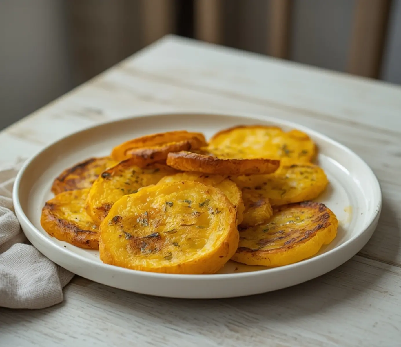 air fryer yellow squash: Golden crispy air fryer yellow squash rounds on a plate, perfect for Crispy Air Fryer Sides.