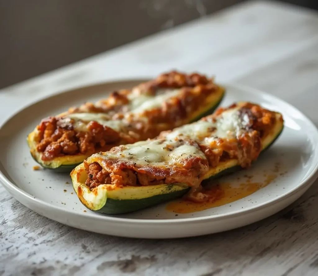 air fryer zucchini boats: Golden air fryer zucchini boats with melted cheese and crispy edges on a white plate.