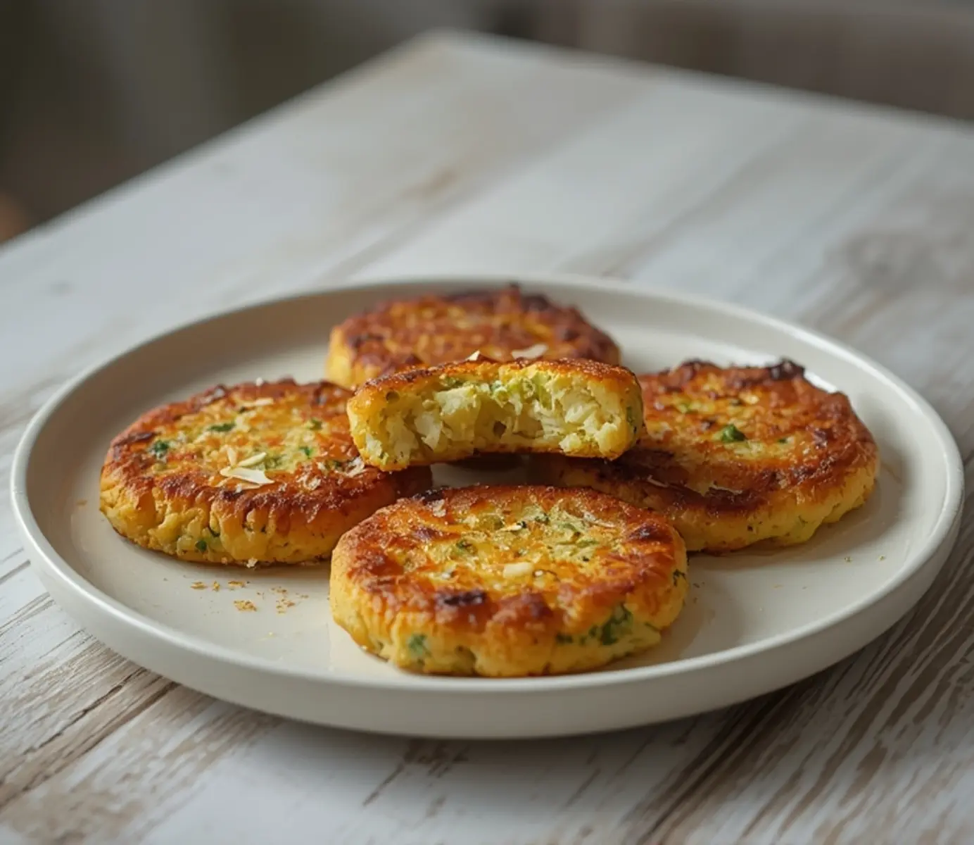 air fryer zucchini fritters: Golden crispy air fryer zucchini fritters with crisp edges on a plate.