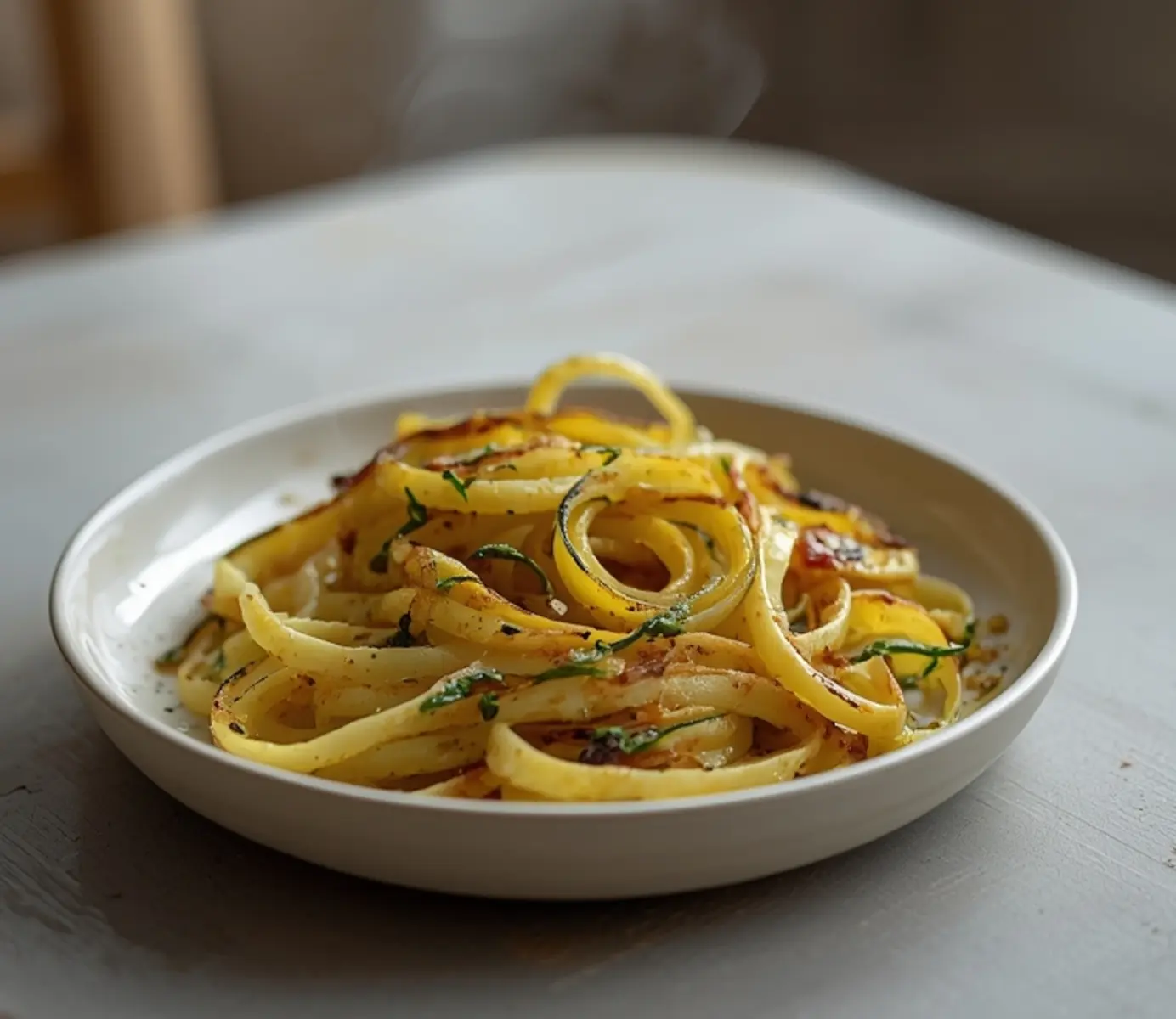 air fryer zucchini noodles: Golden crispy air fryer zucchini noodles in a white bowl with fresh herbs garnish.