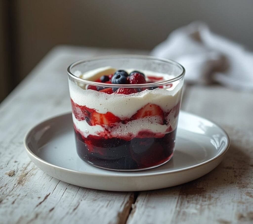 Air Fryer 4th July Mocktails: Tall glasses with layered red strawberry, white cream, and blue blueberry mocktails topped with fizz.