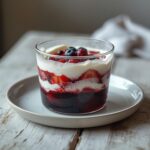 Air Fryer 4th July Mocktails: Tall glasses with layered red strawberry, white cream, and blue blueberry mocktails topped with fizz.