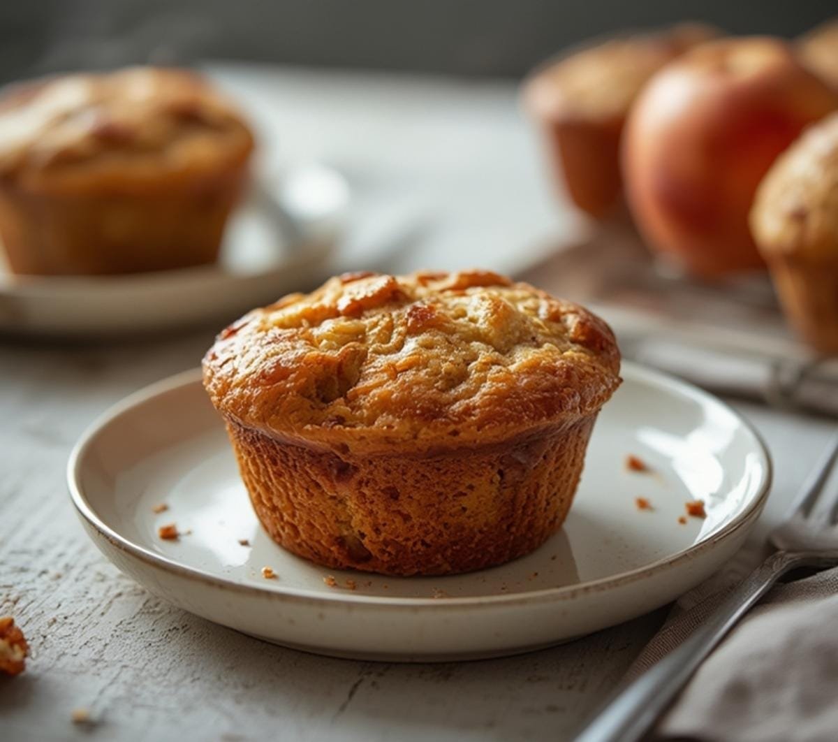 Air Fryer Apple Muffins: Golden brown air fryer apple muffins with crisp edges and visible apple pieces in a tin.