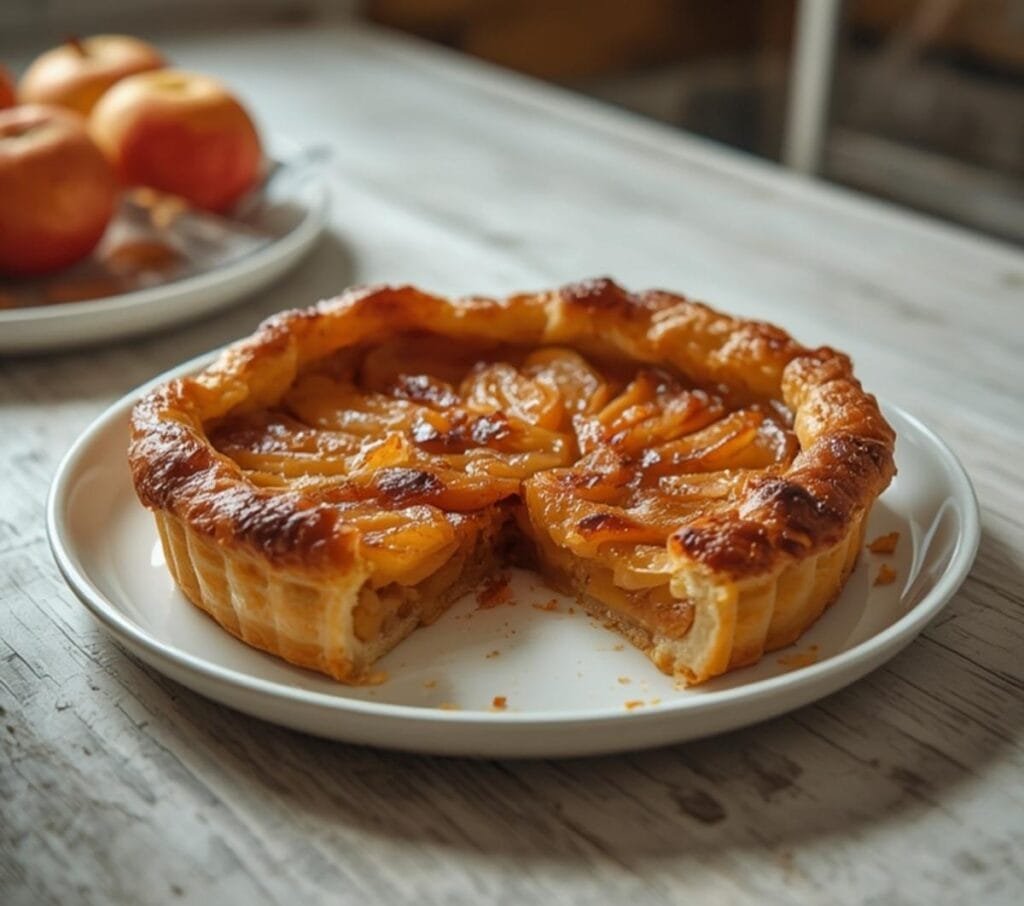 Air Fryer Apple Tart: Golden air fryer apple tart with flaky pastry and juicy cinnamon apple filling on a plate.