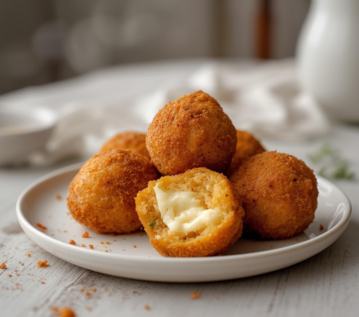 air fryer arancini balls: Golden, crunchy air fryer arancini balls on a plate with melted cheese inside.