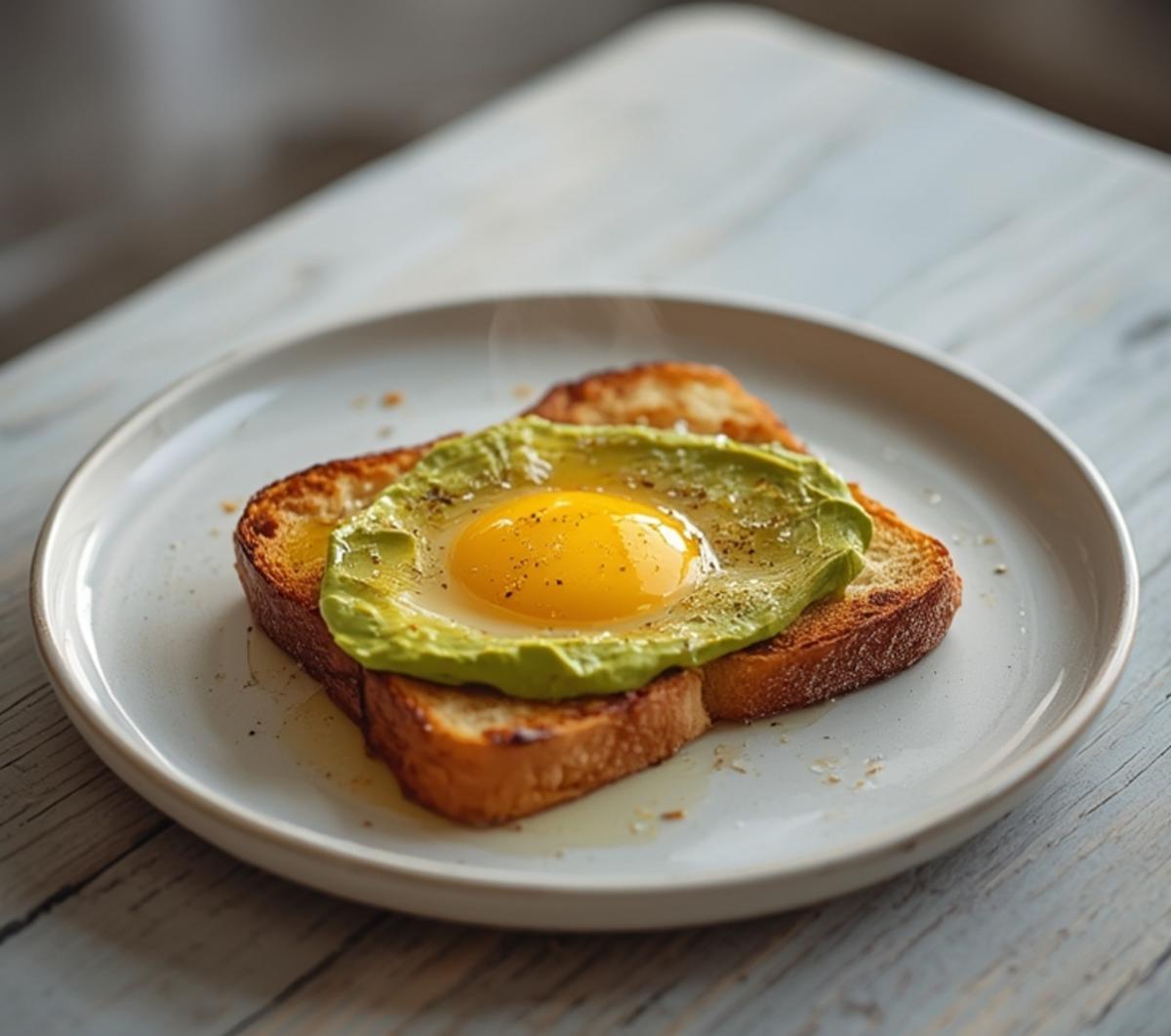 Air Fryer Avocado Toast Eggs: Crispy golden avocado toast with a runny egg yolk in the center, topped on toasted bread in an air fryer.