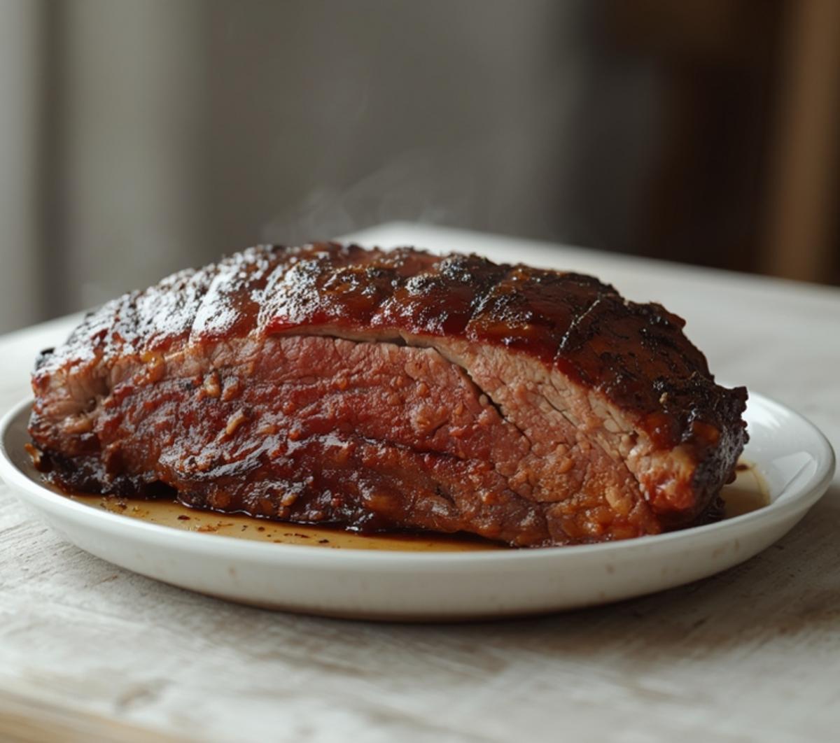 Air Fryer BBQ Beef Brisket: Juicy air fryer BBQ beef brisket with glistening caramel-brown glaze and crisp edges on a plate.