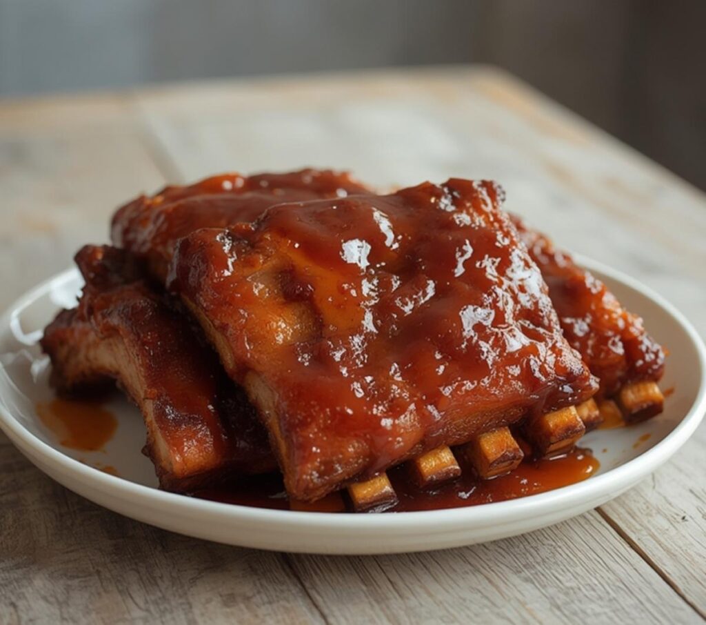 Air Fryer BBQ Beef Ribs: Sticky glazed Air Fryer BBQ Beef Ribs with caramelized edges on a serving platter.