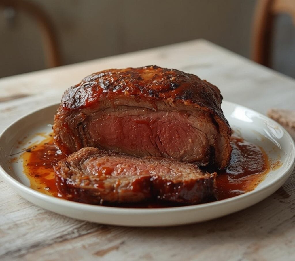 Air Fryer BBQ Beef Roast: Juicy air fryer BBQ beef roast with glistening glaze and golden edges on a plate.