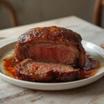 Air Fryer BBQ Beef Roast: Juicy air fryer BBQ beef roast with glistening glaze and golden edges on a plate.