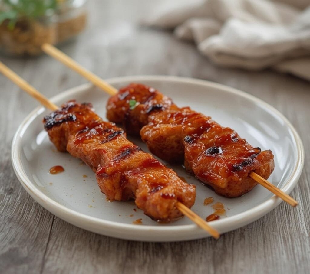 Air Fryer BBQ Beef Skewers: Juicy Air Fryer BBQ Beef Skewers with caramelized glaze and crisp edges on a wooden board.