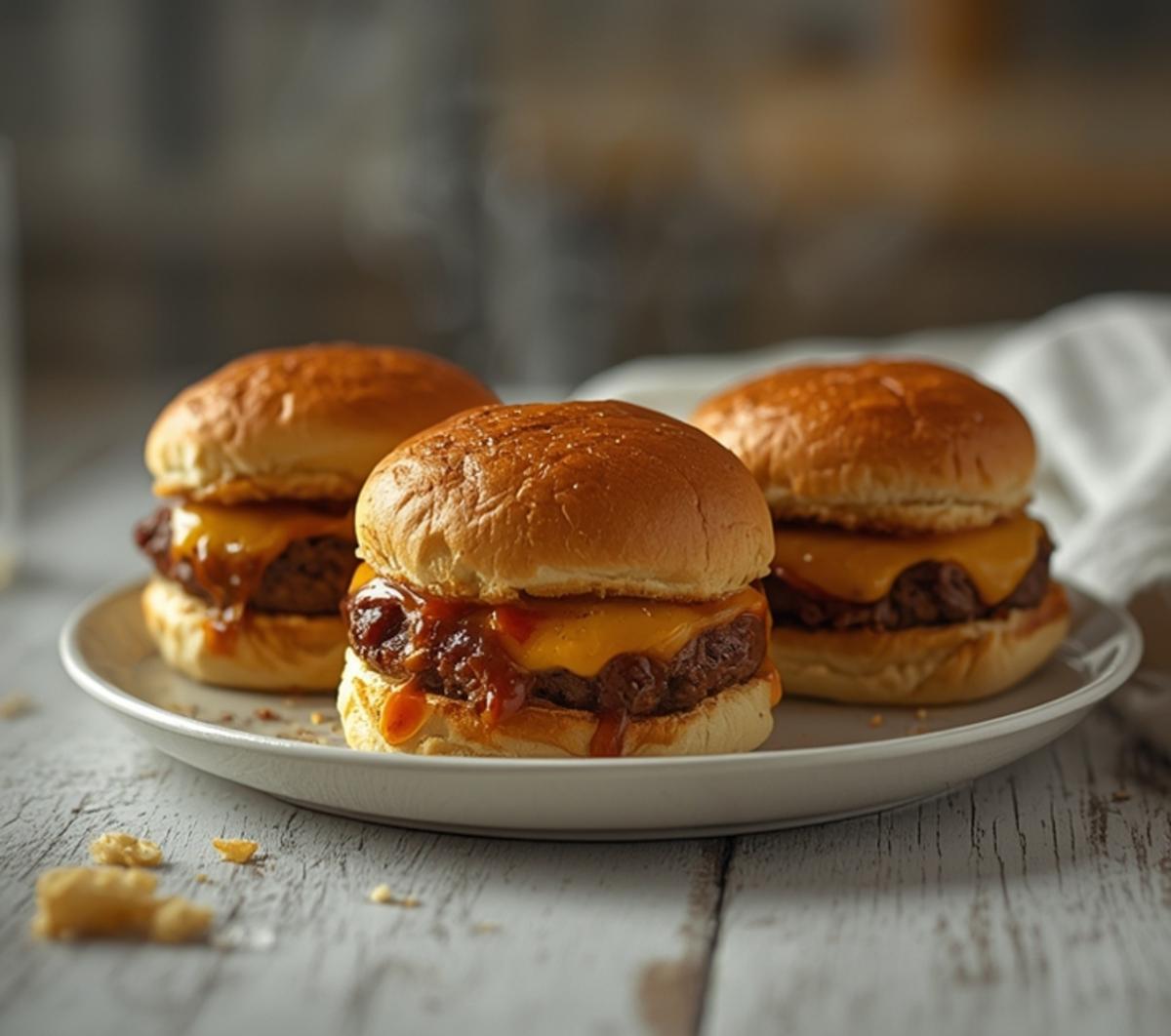 Air Fryer BBQ Beef Sliders: Juicy air fryer BBQ beef sliders with golden buns and melted cheese on a plate, perfect for Air Fryer Dinners.