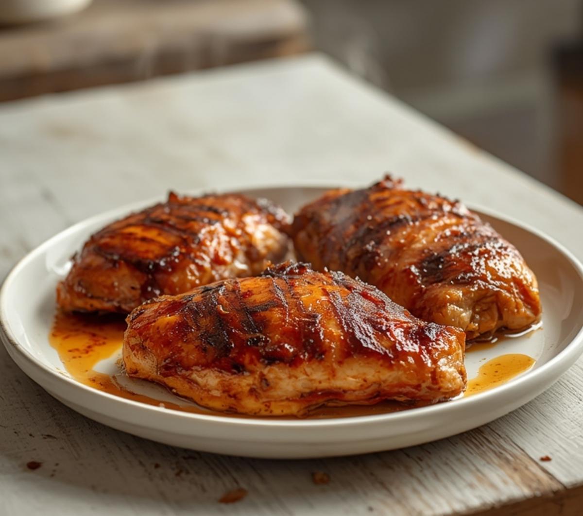 Air Fryer BBQ Chicken Breast: Golden glazed BBQ chicken breast in air fryer with caramelized sauce and crisp edges