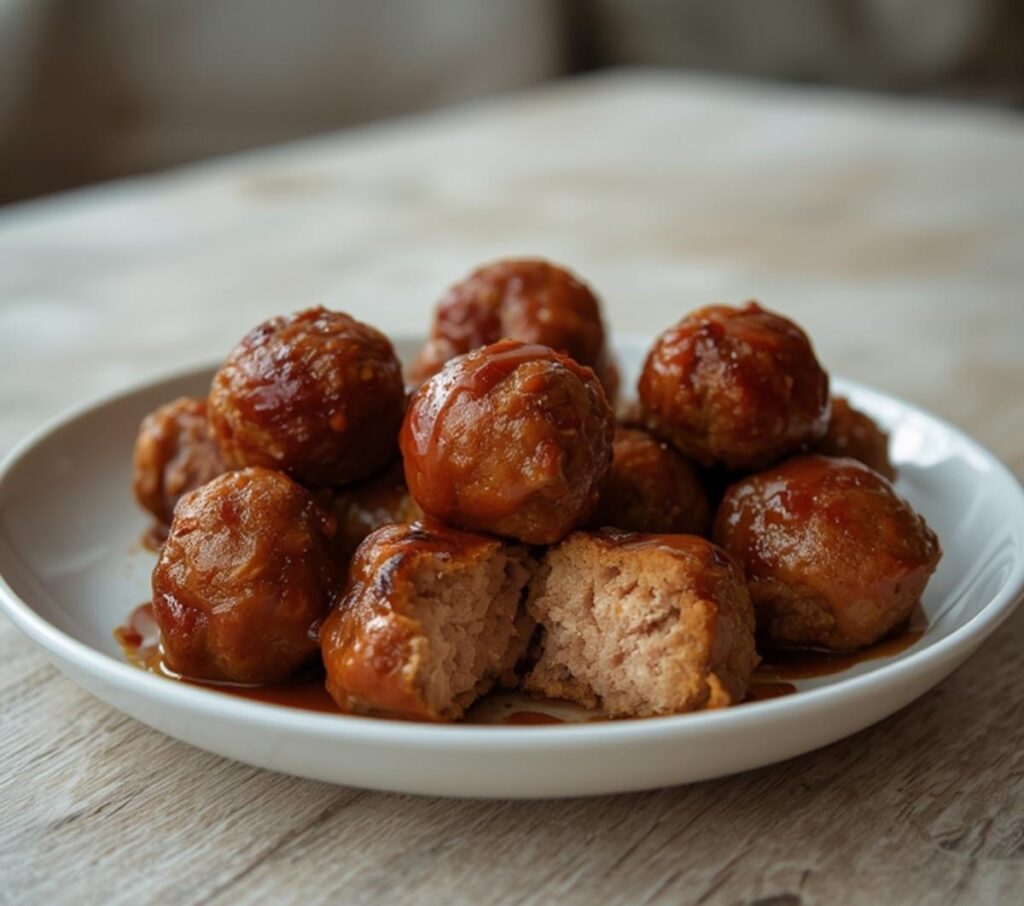 Air Fryer BBQ Turkey Meatballs: Golden brown BBQ turkey meatballs with sticky glaze in air fryer basket for a quick dinner.