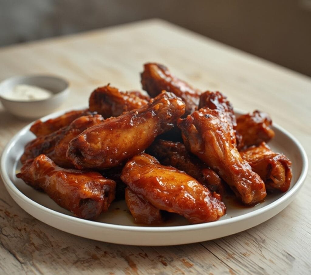 Air Fryer BBQ Turkey Wings: Crispy air fryer BBQ turkey wings with golden brown skin and sticky barbecue glaze on a plate.